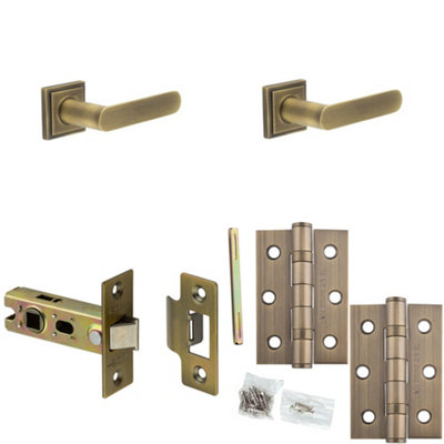 Loops Door Handle & Latch Set Antique Brass Flat Lever Square Stepped On Rose