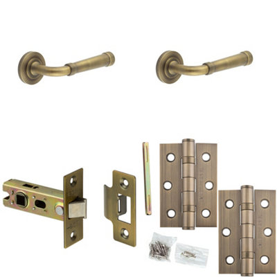 Loops Door Handle & Latch Set Antique Brass Grooved Premium Rounded Lever Round Reeded On Rose