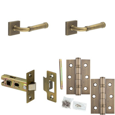 Loops Door Handle & Latch Set Antique Brass Grooved Premium Rounded Lever Square Plain On Rose