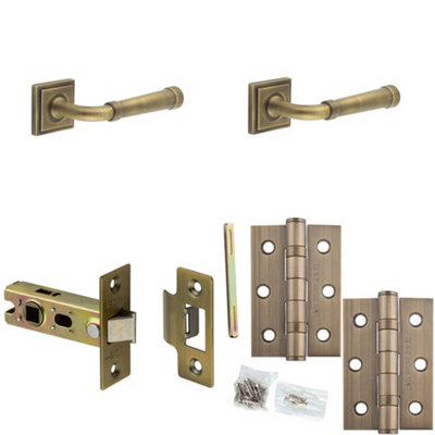 Loops Door Handle & Latch Set Antique Brass Grooved Premium Rounded Lever Square Stepped On Rose