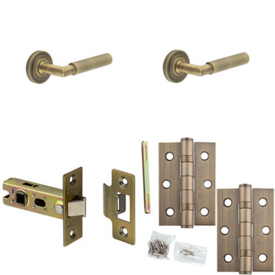 Loops Door Handle & Latch Set Antique Brass Knurled Premium Rounded Lever Round Stepped On Rose