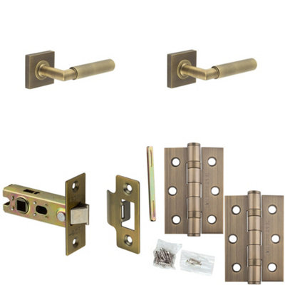 Loops Door Handle & Latch Set Antique Brass Knurled Premium Rounded Lever Square Plain On Rose