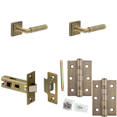 Loops Door Handle & Latch Set Antique Brass Knurled Premium Rounded Lever Square Stepped On Rose
