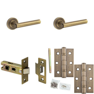 Loops Door Handle & Latch Set Antique Brass Premium Rounded Lever Round Plain On Rose