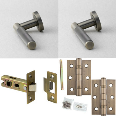 Loops Door Handle & Latch Set Antique Brass Knurled Premium Rounded Lever Round Plain On Rose