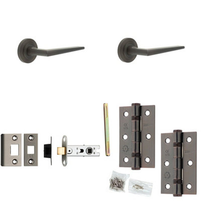 Loops Door Handle & Latch Set Dark Bronze Slim Mitred Lever Round Reeded On Rose