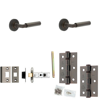 Loops Door Handle & Latch Set Dark Bronze Mitred Premium Rounded Lever Round Knurled On Rose