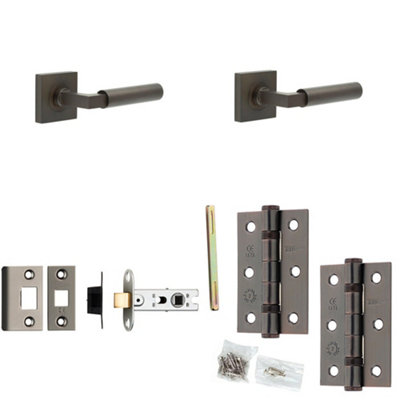 Loops Door Handle & Latch Set Dark Bronze Mitred Premium Rounded Lever Square Plain On Rose