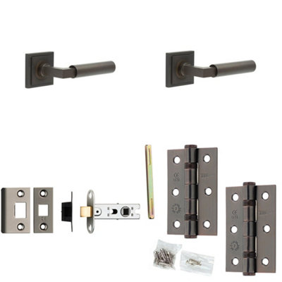 B&Q -  Door Handle & Latch Set Dark Bronze Mitred Premium Rounded Lever Square Stepped On Rose