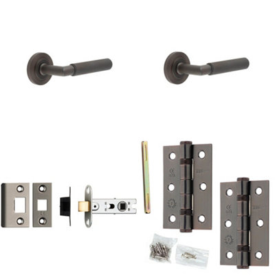Loops Door Handle & Latch Set Dark Bronze Knurled Premium Rounded Lever Round Reeded On Rose