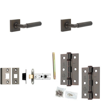 Loops Door Handle & Latch Set Dark Bronze Knurled Premium Rounded Lever Square Plain On Rose