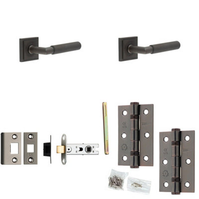 Loops Door Handle & Latch Set Dark Bronze Knurled Premium Rounded Lever Square Stepped On Rose