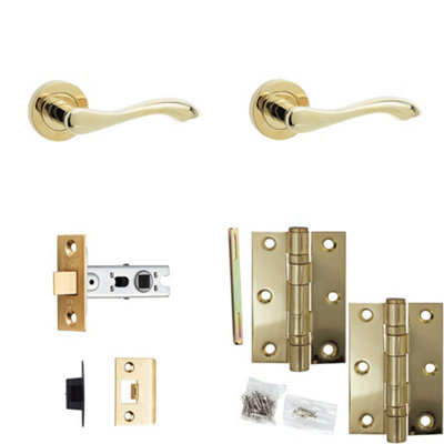 Loops Door Handle & Latch Set Brass Sculpted Lever Round Plain On Rose