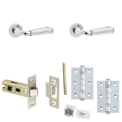 Loops Door Handle & Latch Set Chrome Fluted Glass Lever Round Plain On Rose