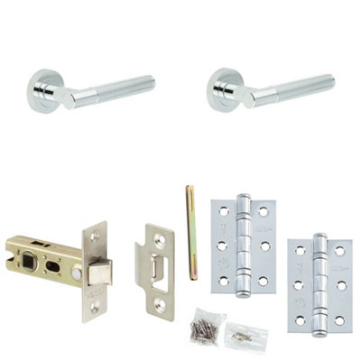 Loops Door Handle & Latch Set Chrome Ridged Premium Rounded Lever Round Plain On Rose