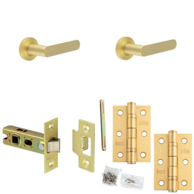 Loops Door Handle & Latch Set Satin Brass Flat Lever Round Plain On Rose