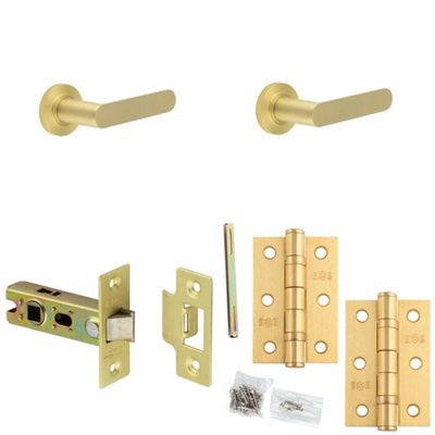 Loops Door Handle & Latch Set Satin Brass Flat Lever Round Knurled On Rose