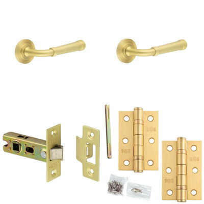 Loops Door Handle & Latch Set Satin Brass Grooved Premium Rounded Lever Round Reeded On Rose
