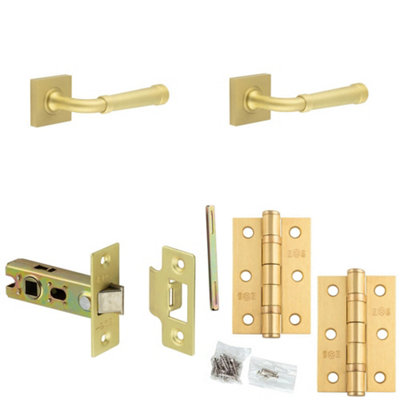 Loops Door Handle & Latch Set Satin Brass Grooved Premium Rounded Lever Square Plain On Rose
