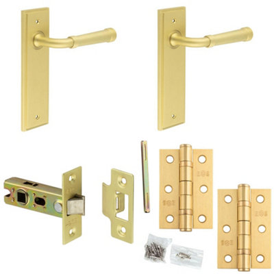 B&Q -  Door Handle & Latch Set Satin Brass Grooved Premium Rounded Lever Latch Backplate