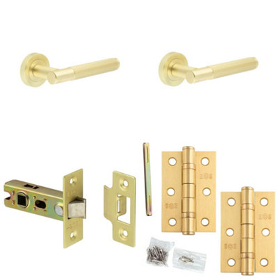 Loops Door Handle & Latch Set Satin Brass Ridged Premium Rounded Lever Round Plain On Rose