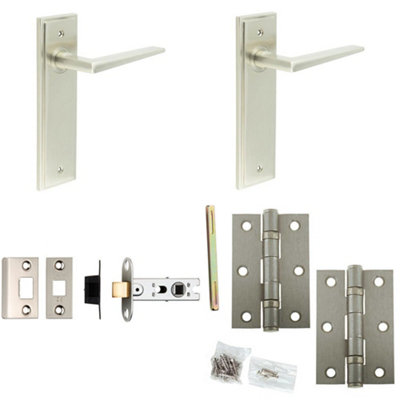 Loops Door Handle & Latch Set Satin Nickel Slim Mitred Lever Latch Backplate from B&Q