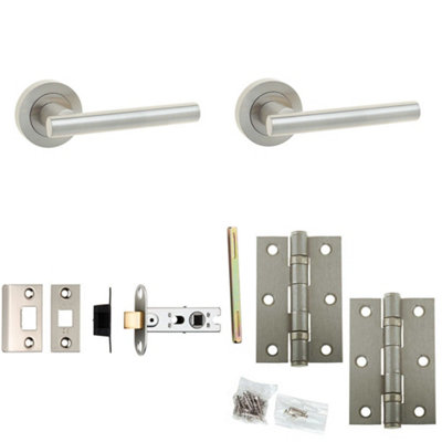Loops Door Handle & Latch Set Satin Nickel Premium Rounded Lever Round Plain On Rose