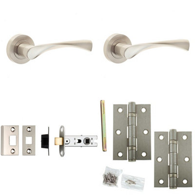 Loops Door Handle & Latch Set Satin Nickel Twisted Lever Round Plain On Rose