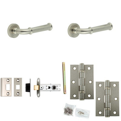 Loops Door Handle & Latch Set Satin Nickel Edged Premium Rounded Lever Round Plain On Rose