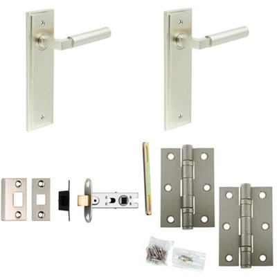 Loops Door Handle & Latch Set Satin Nickel Mitred Premium Rounded Lever Latch Backplate from B&Q