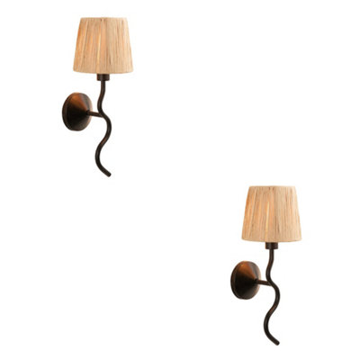 Loops Stylish 2 Pack Dimmable Wall Lights In Matt Black And Raffia For Modern Decor from B&Q