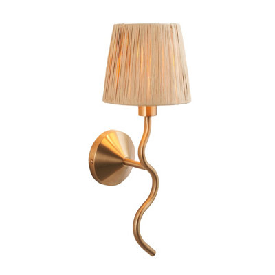 Loops Dimmable Wave Arm Wall Light With Natural Raffia Shade In Brushed Aged Brass Finish from B&Q