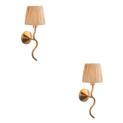 Loops Stylish 2 Pack Dimmable Wall Lights In Aged Brass With Raffia Shade from B&Q