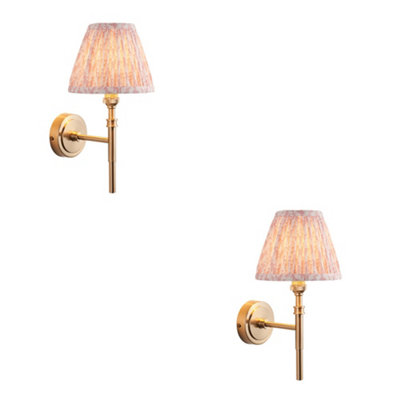 Loops Stylish 2 Pack Dimmable Wall Lights With Aged Brass And Peachy Fabric Shade from B&Q