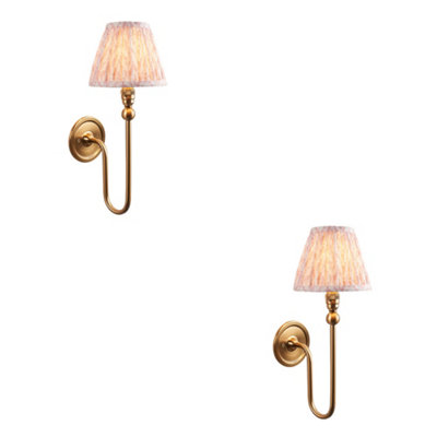 Loops Stylish 2 Pack Dimmable Wall Lights With Peach Fabric Shade And Aged Brass Finish from B&Q