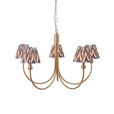 Loops Stunning 5-Light Pendant Ceiling Light In Brushed Aged Brass With Elegant Pearl Grey Shades from B&Q
