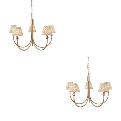 Loops Stunning 2 Pack Brushed Aged Brass Ceiling Pendant Lights With Green Fabric Shades from B&Q