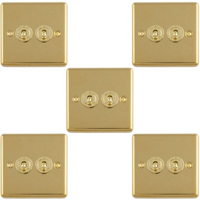 Loops 5-Pack 2-Gang Double Retro Toggle Light Switches Polished Brass 10A 2-Way