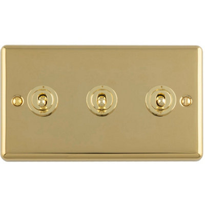Loops 3-Gang Triple Retro Toggle Light Switch Polished Brass 10A 2-Way 86X145mm