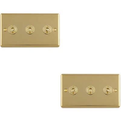 Loops 2 Pack 3-Gang Retro Toggle Light Switch Plate Polished Brass 10A