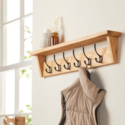 Off The Grain Wooden Coat Rack With Storage Shelf Solid Oak Hanger6 Hooks from B&Q