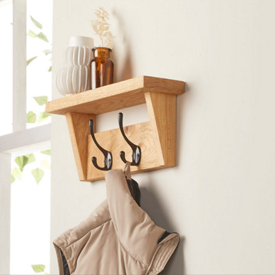 Off The Grain Wooden Coat Rack With Storage Shelf Solid Oak Hanger2 Hooks from B&Q