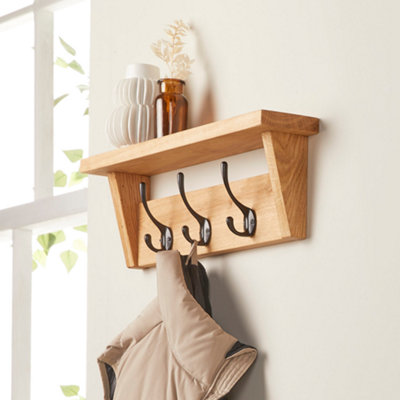 Off The Grain Wall Mounted Solid Oak Coat Rack With Storage Shelf 3 Hooks from B&Q
