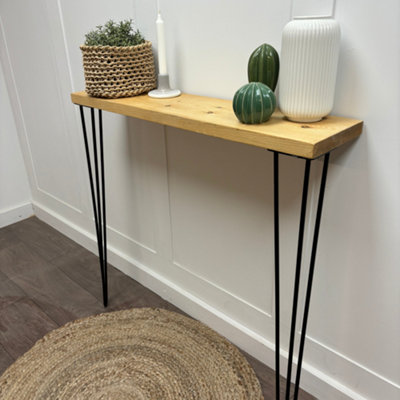 Off the Grain Rustic Console Table With Steel Hairpin Legs Hallway Wooden Table Rugger Brown Finish  60Cm Length from B&Q
