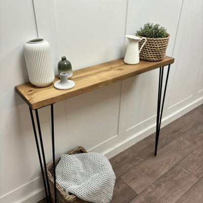 Off the Grain Rustic Console Table With Steel Hairpin Legs Hallway Wooden Table Jacobean Finish  70Cm Length from B&Q