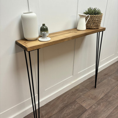 Off the Grain Rustic Console Table With Steel Hairpin Legs Hallway Wooden Table  Jacobean Finish Finish 80Cm Length from B&Q