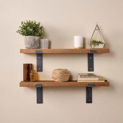 Off the Grain Oak Wall Shelves Made From Solid WoodSet Of 2 Shelf Boards With Brackets -Walnut Finish 120Cm from B&Q