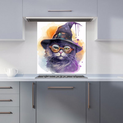 Warren Reed Designer Splashart Cat In A Witches Hat Kitchen Splashback from B&Q