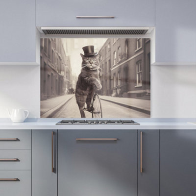 Warren Reed Designer Victorian Cat Riding A Bike Kitchen Splashback from B&Q