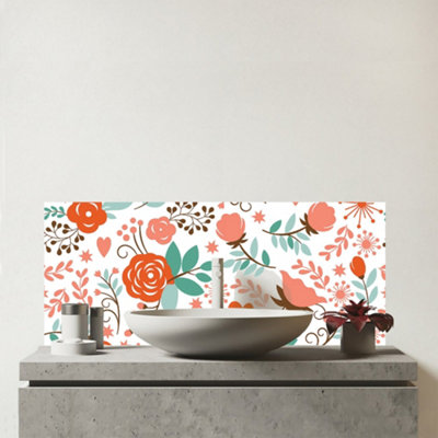 B&Q -  Orange Floral Pattern Glass Bathroom Splashback